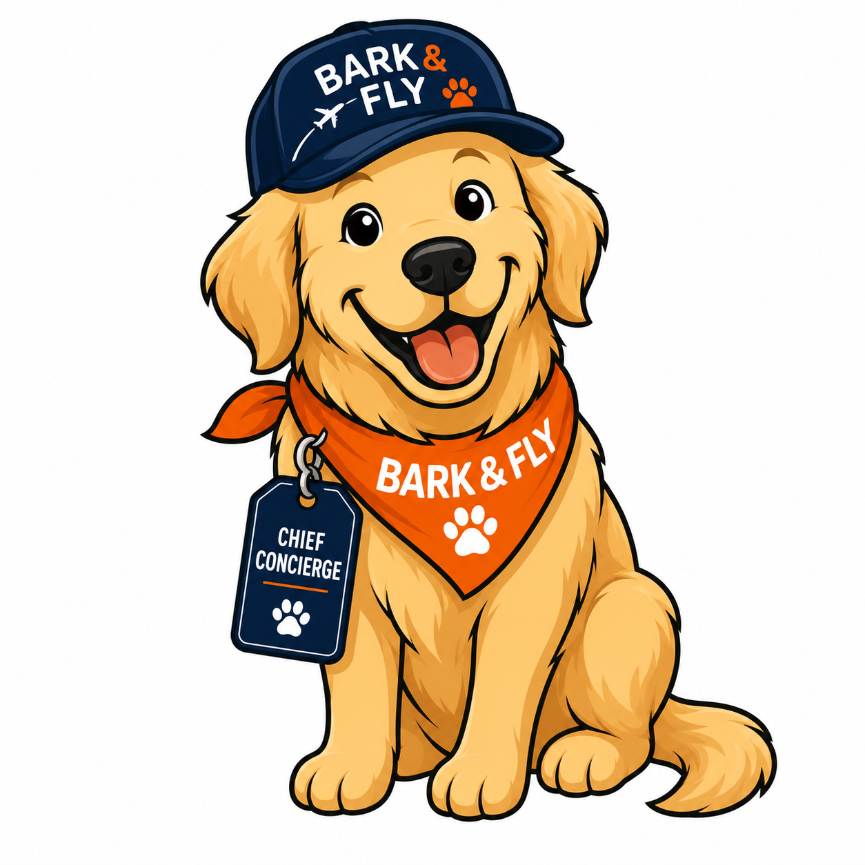 Captain Barkley, a golden retriever wearing a Bark & Fly cap, orange bandana, and Chief Concierge badge